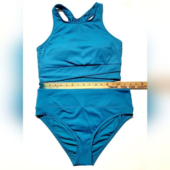 NEXT 2-pc Women's L Ribbed Racerback Swim Top Tank + High Waist Bikini Blue NWT - Picture 8 of 10